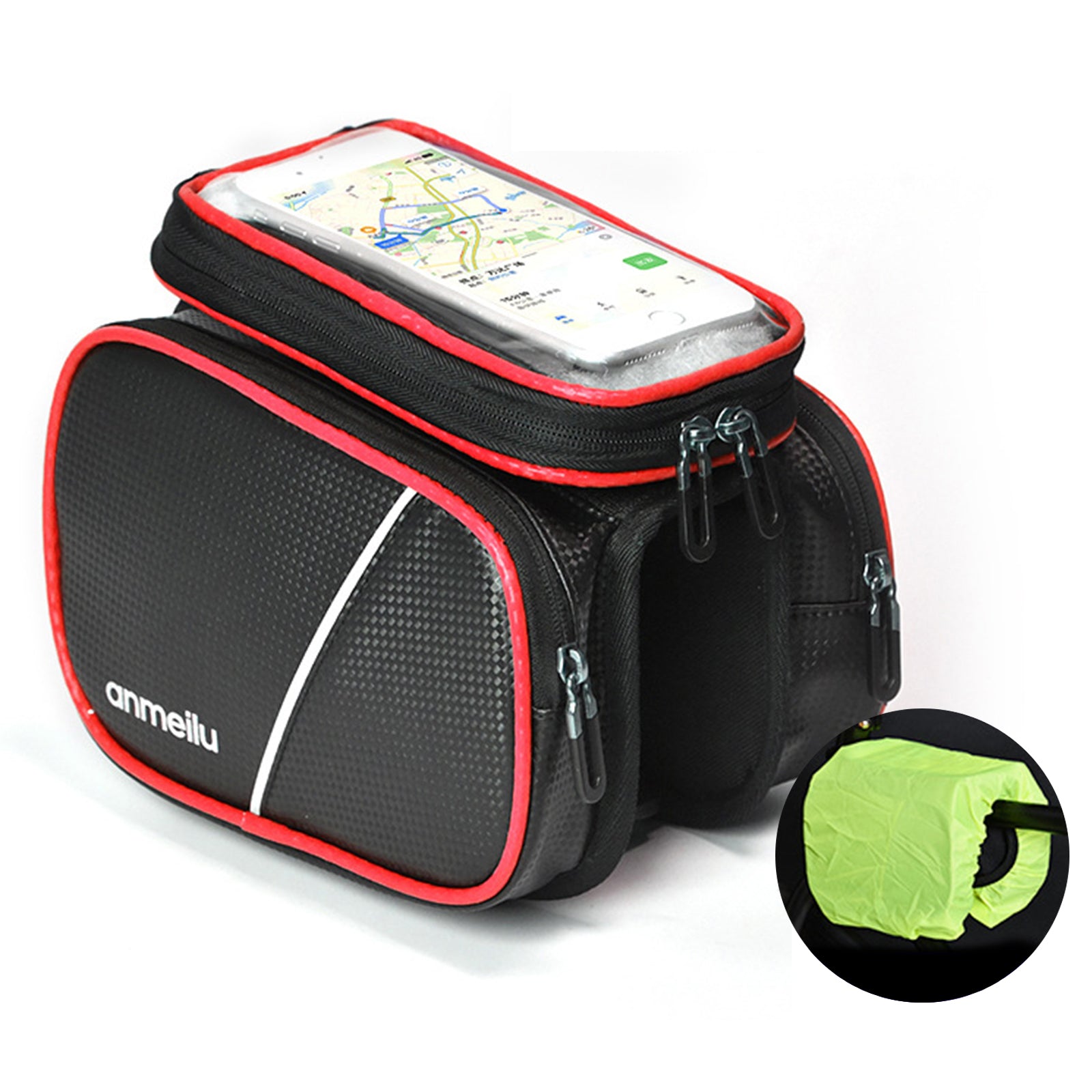 ANMEILU 7006 Waterproof Cycling Bike Front Frame Bag Touch Screen Phone Pouch Bicycle Top Tube Storage Bag with Rainproof Cover ANMEILU 7006 Waterproof Cycling Bike Front Frame Bag Touch Screen Phone Pouch Bicycle Top Tube Storage Bag with Rainproof Cover